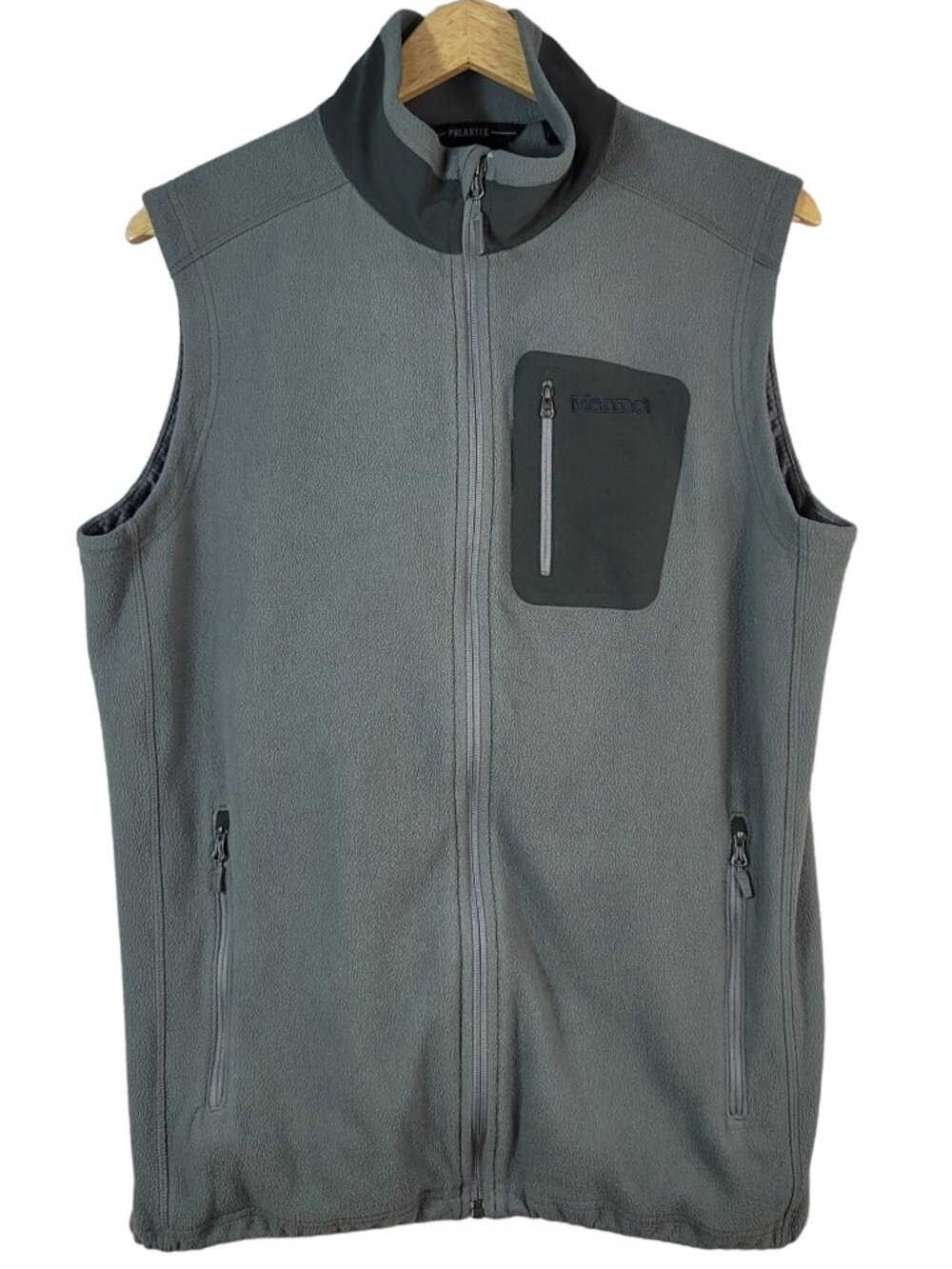 Marmot Mens Polartec Fleece Vest Gray Large Full Zip Collar Pockets Rip Cord